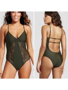 2/$30 Mossimo Lace Inset One Piece Swimsuit Olive Green Size M